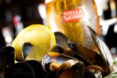 Stella Artoise glass of beer in background with mussels and a slice of lemon in the foreground.