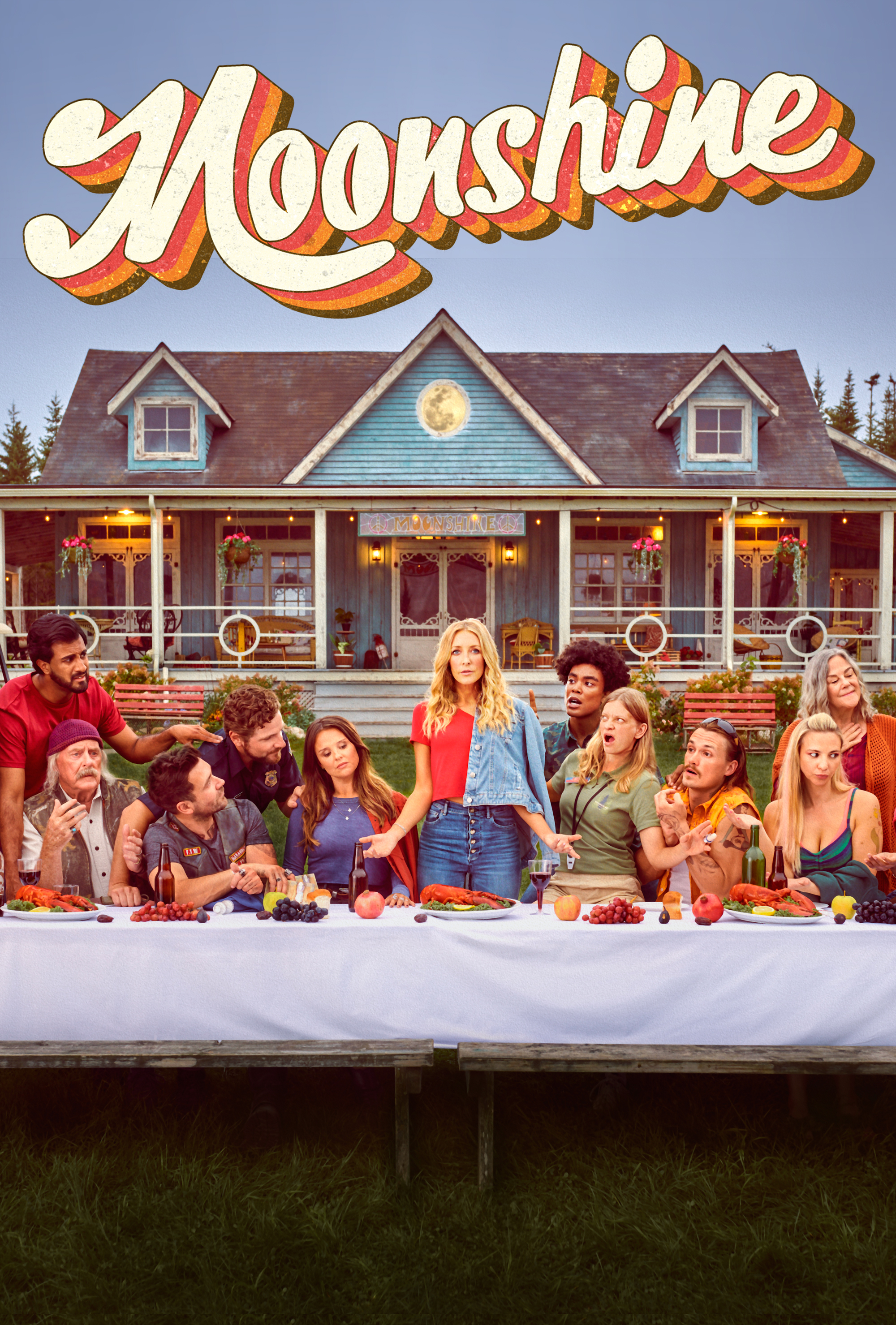Bright coloured poster with text reading "Moonshine" above a blue house with a last supper style table with all of the moonshine characters looking shocked.