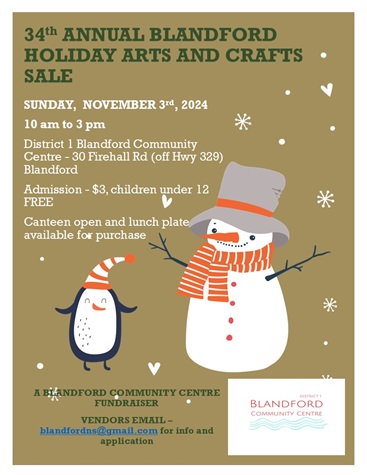 Poster for 34th Annual Blandford Holiday Arts & Craft Sale. Light brown background with snowflakes, a penguin and a snowman. 