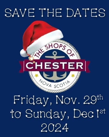 poster of save the dates for Chester Village Christmas, dark blue background, Shops of Chester Logo and a Santa hat.