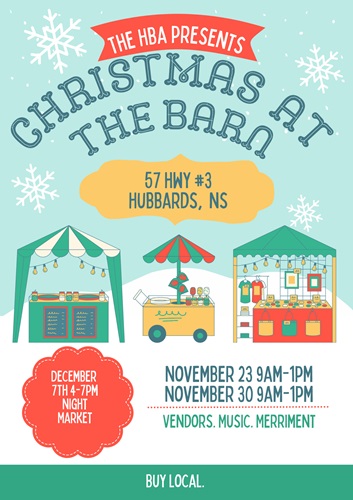 poster for Christmas at the Barn with a blue background, snowflakes and vendor stalls.