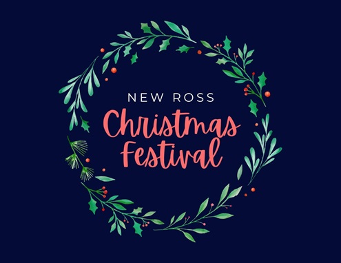 poster for new ross christmas festival, dark blue back ground with a wreath border.