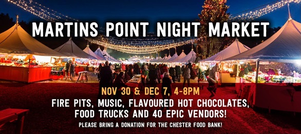 poster for Martins Point Night Market with a outdoor market background and text.