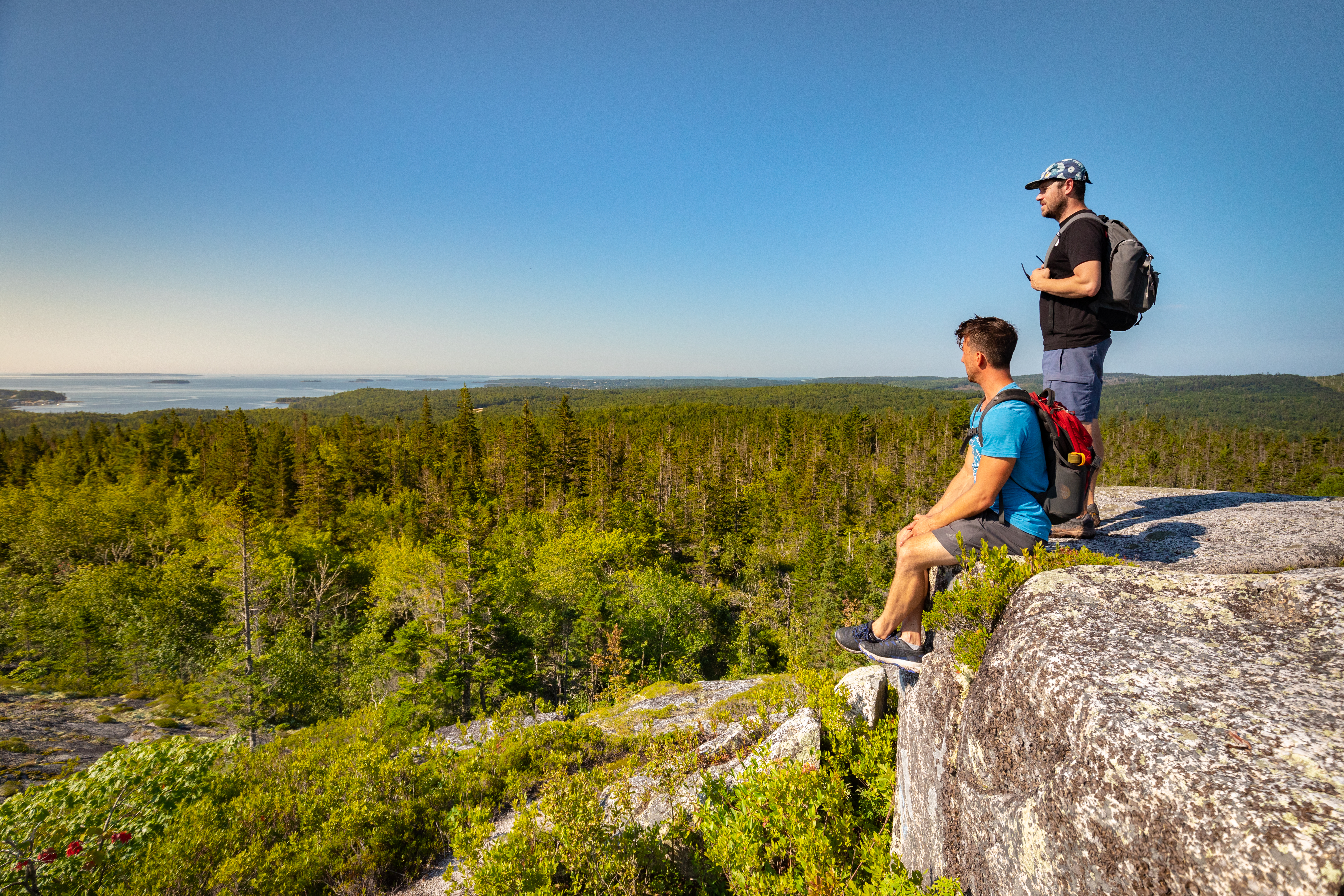 Two people sitting at the top of Castle Rock taking in the view of forest and ocean.