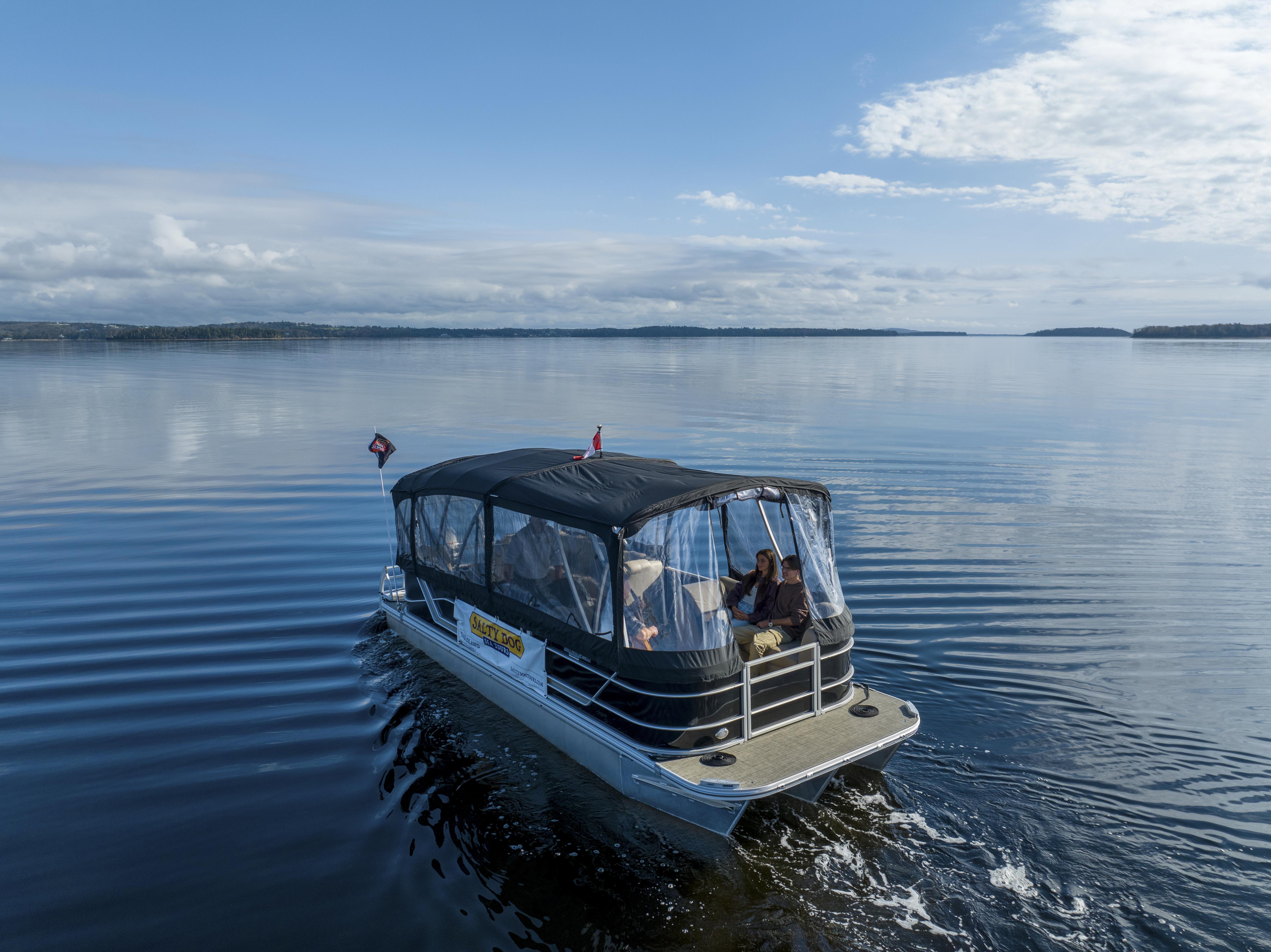 Picture of a covered pontoon boat on the water with blue skies
