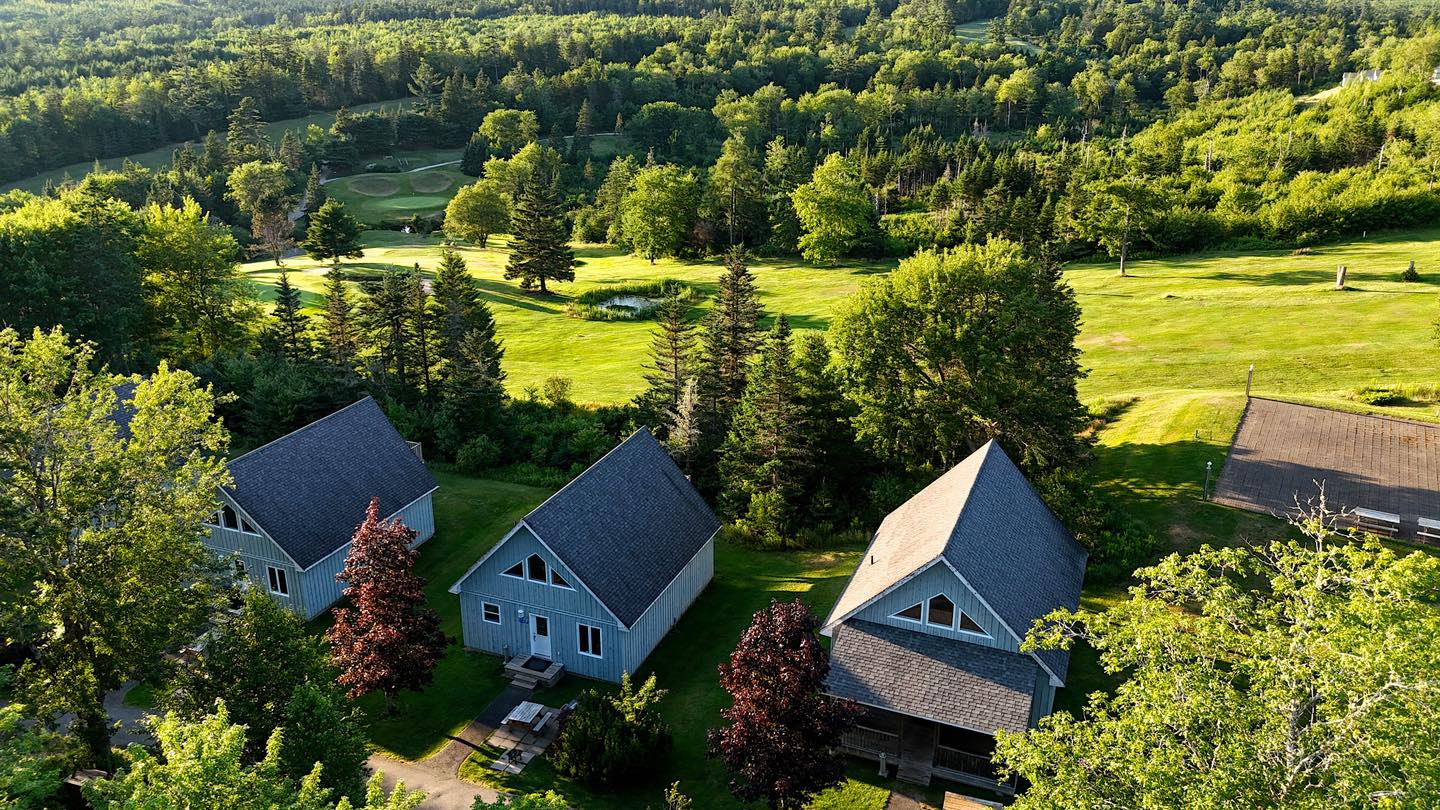 Aerial photo of chalets with the golf course in the background