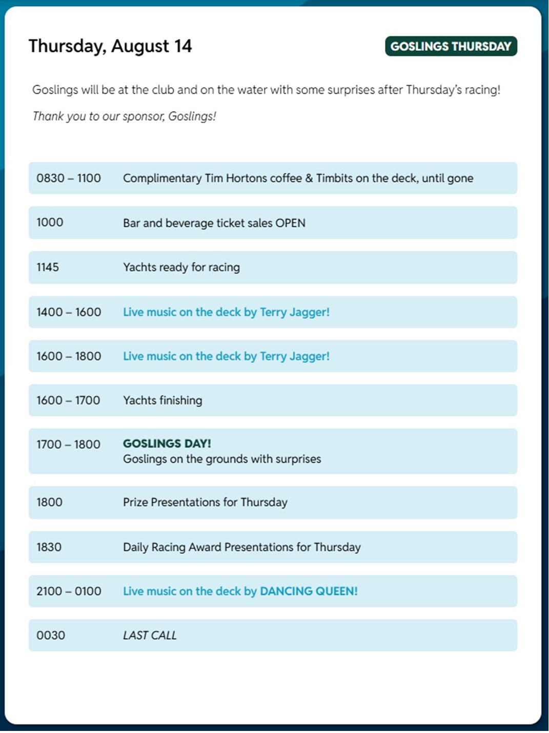 Schedule of Events on Aug 14