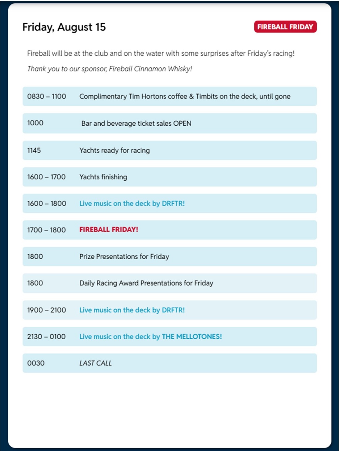 Schedule of events for Aug 15