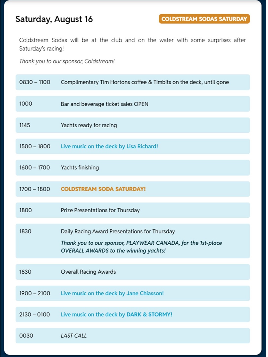 Schedule of Events for Aug 16