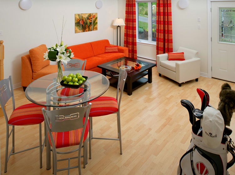 Photo of the inside of a chalet with a sofa, table and chairs, and wood floor