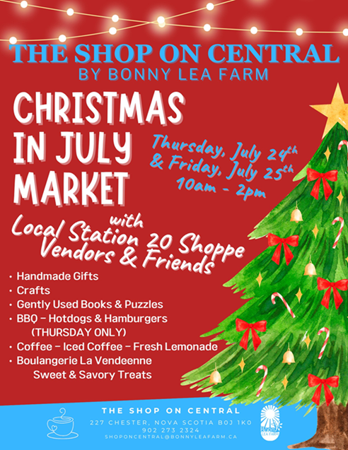 Poster with a red background and a christmas tree with the worked Christmas in July Market