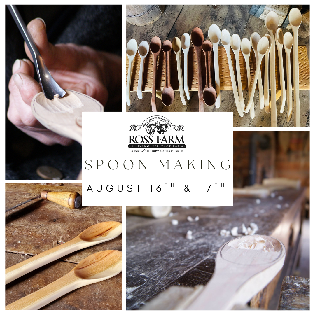 Collage of spoon making, carving, sanding, oiling, and finishing.