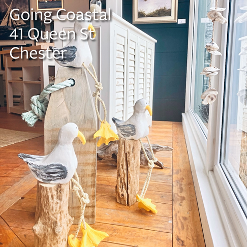 Photo of three wooden seagulls sitting on pedestals in front of a window