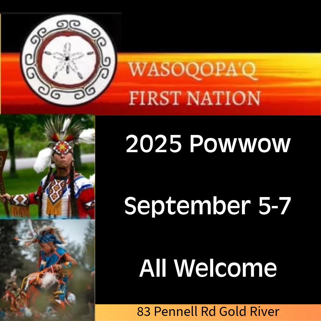 Poster with a black background, indigenous dancers, and dates of Wasoqopa'q Powwow