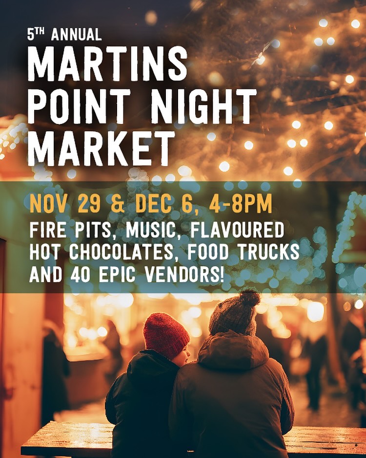 poster for Martins Point Night Market with a outdoor market background and text.
