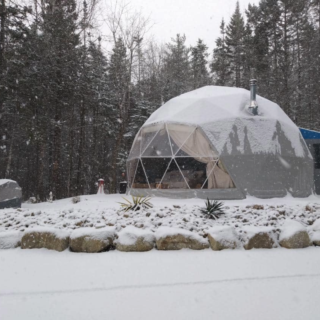 Photo of a geodesic dome covered in snow