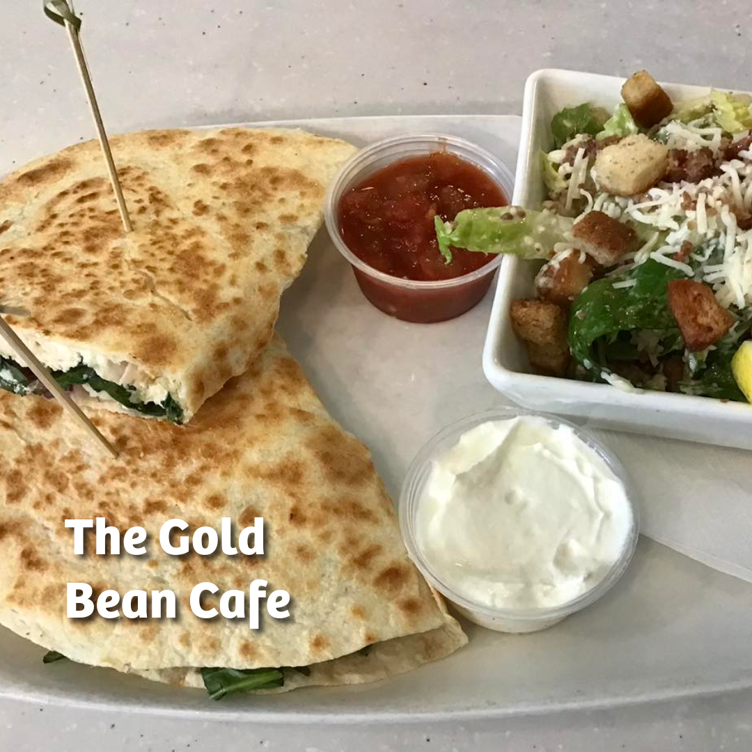 Photo of a chicken quesadilla and a ceasar salad