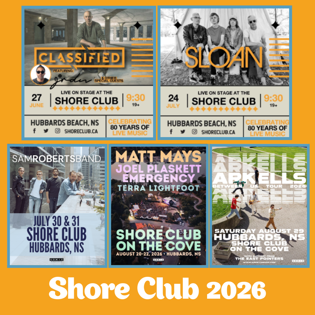 Graphic with posters for each major concert happening at the Shore Club in 2026.