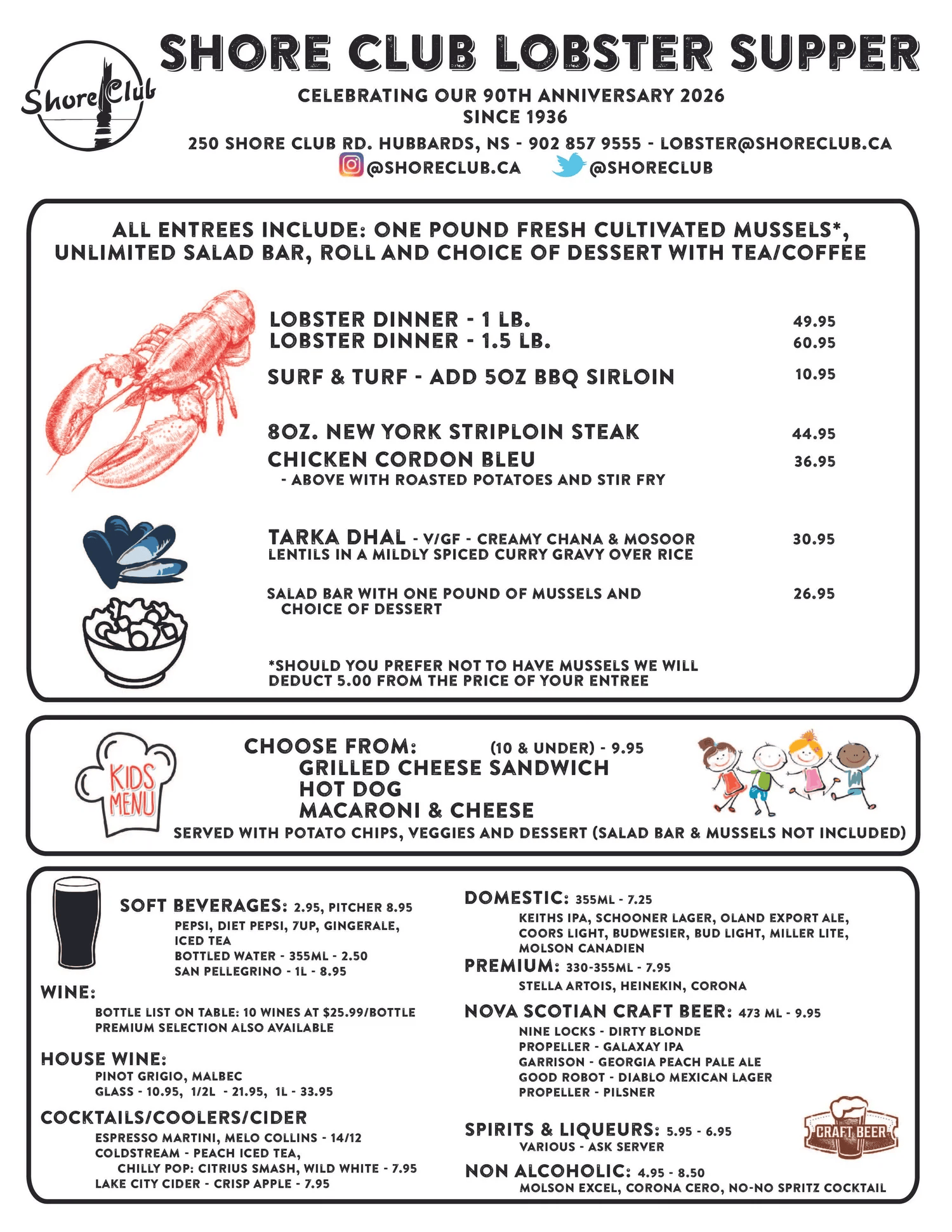 Menu of the Shore Club's Lobster Supper