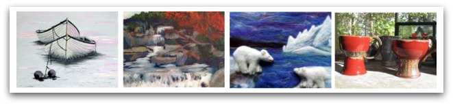 Series of four paintings: old white fishing boats, a rocky stream under fall leaves, polar bears with icebergs in the background, red pottery bowls.