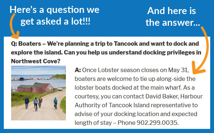 Text reads: "Boaters - We're planning a trip to Tancook and want to dock and explore the island. Can you help us understand docking privleges in Northwest Cove? Answer: Once Lobster season closes on May 31st, boaters are welcome to tie up along-side the lobster boats docked at the main wharf. As a courtesy, you can contact David Baker, Harbour Authority of Tancook Island represetative to advise of your docking location and expected length of stay - Phone 902-299-0035."
