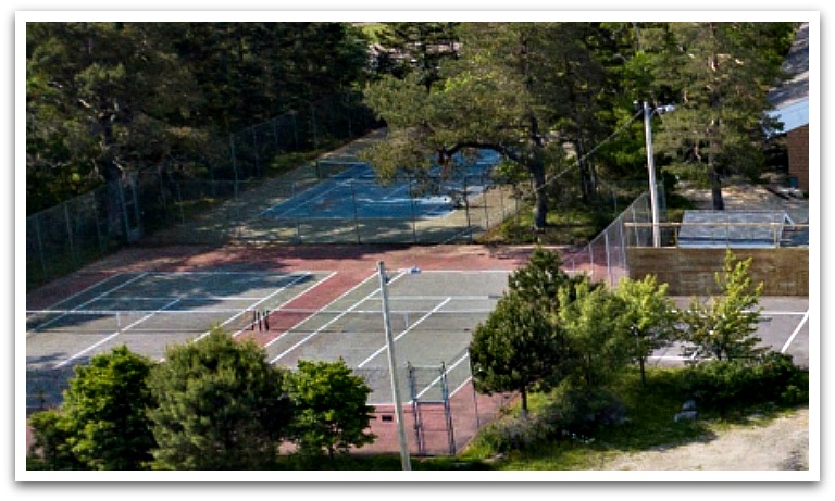 Aerial view of the tennis courts.