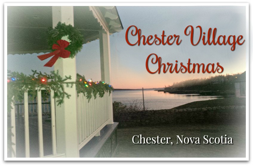 Sunset photo of the bandstand with "Chester Village Christmas Chester, Nova Scotia"
