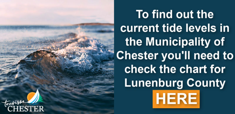 Text on a photo of a wave reading "To find out the current tide levels in the Municipality of Chester you'll need to check the chart for Lunenburg County here.