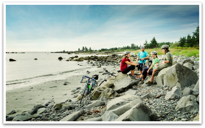 Four cyclists taking a break on rocks by a beach.