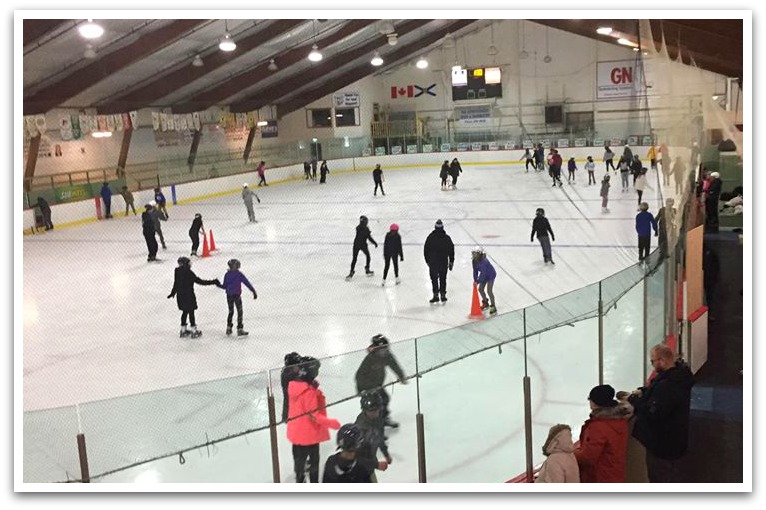 Ice rink with kids and adults skating.