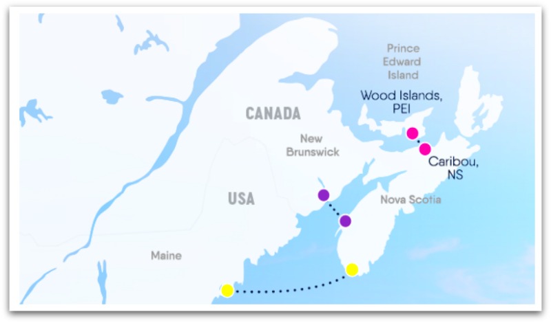 Map highlighting Maine, New Brunswick, PEI, and Nova Scotia showing ferry routes between them