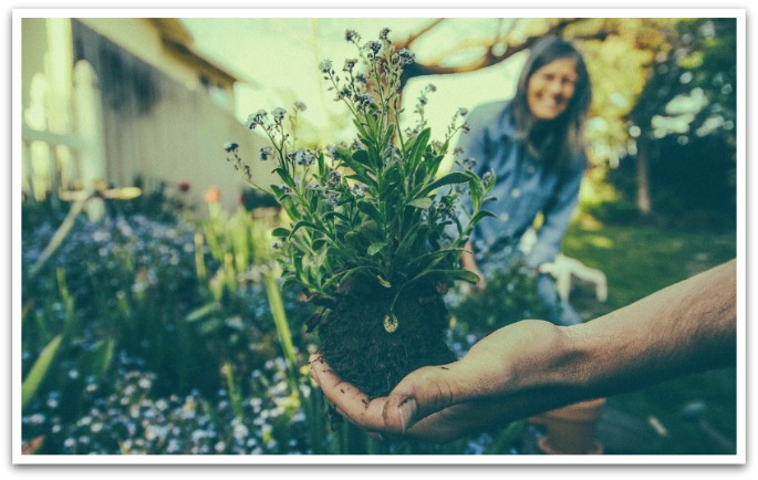 Man holding a plant with a woman smiling in the background