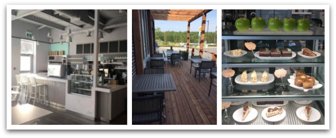 interior of the gold bean cafe in Chester Basin featuring their white counter and white bar chairs with chalkboards on the walls. The second photo shows a patio with furniture. Third photo shows desserts on display.