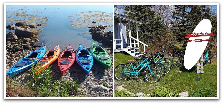Colourful kayaks sitting on a rocky beach  facing the water. Sign reading "Hubbards Cove" in red on a white board by green bicycles and a blue house.