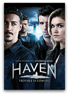The cast of Haven looking ominously at the camera with a stormy lighthouse landscape in the background. Text reads "Stephen King Haven trouble is coming".