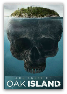Rocky tree covered island that becomes a skull underwater with text at the bottom reading "The curse of Oak Island".