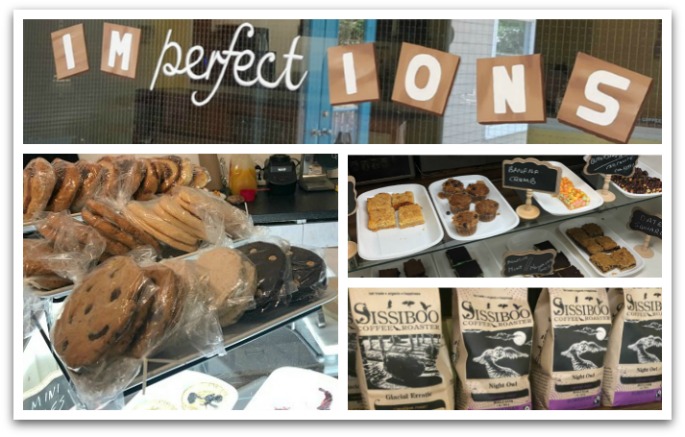 Collage of images showing Imperfections sign, packaged cookies in a tray, various baked goods on display, and coffe bags by Sissiboo