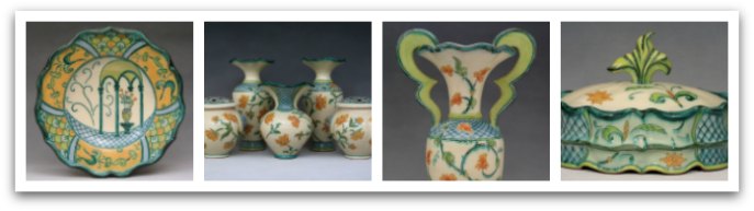 Floral and patterned details on white pottery.