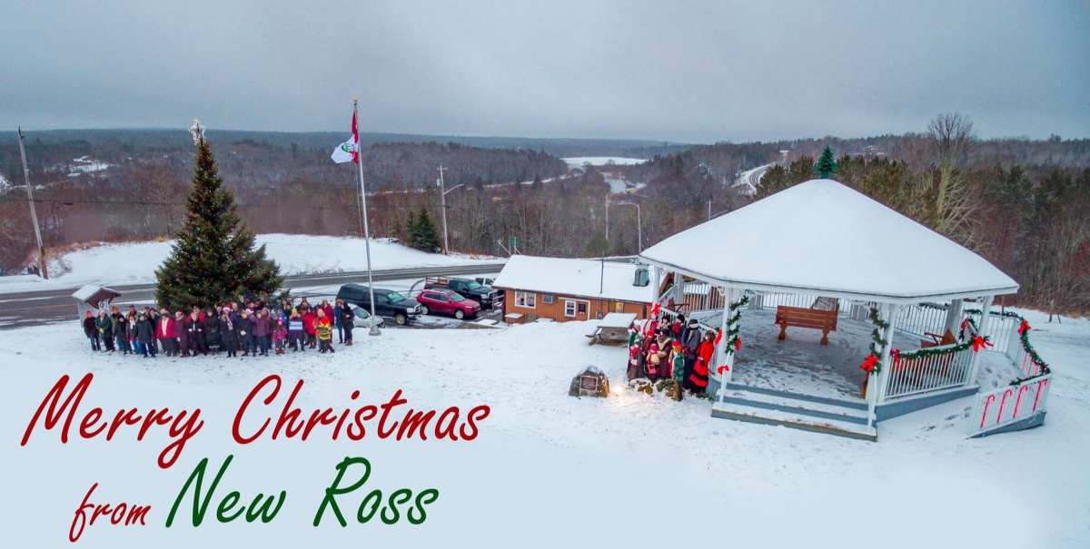 aerial shot of New Ross bandstand and Christmas tree with group standing by it with tact reading "Merry Christmas from New Ross"