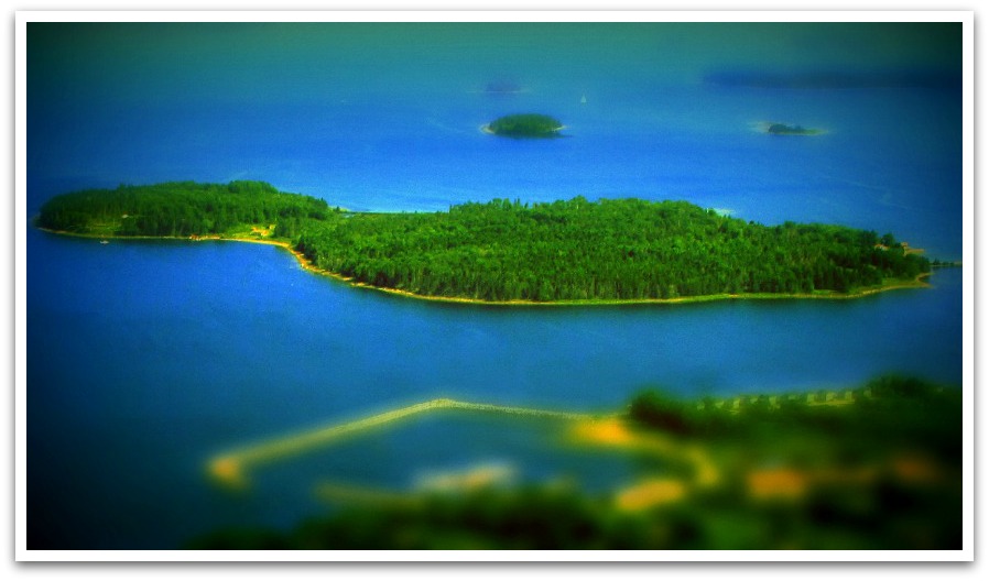 Ariel view of densely forested Oak Island surrounded by blue seas.