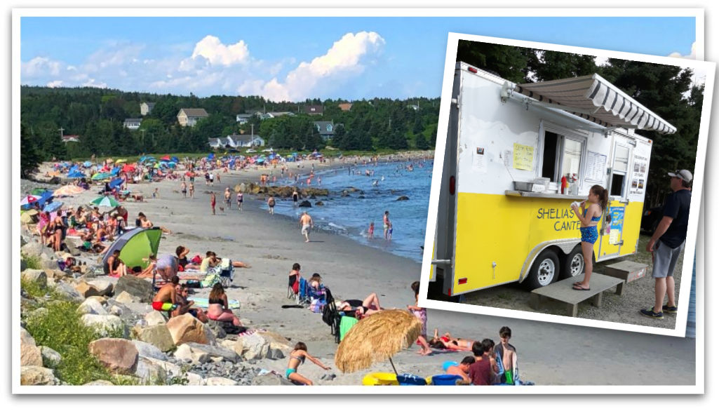 Bayswater beach with many people lounging and swimming in the sea. Photo of Sheila's Canteen food truck layered over beach photo with a girl in a bathing suit ordering by the window.