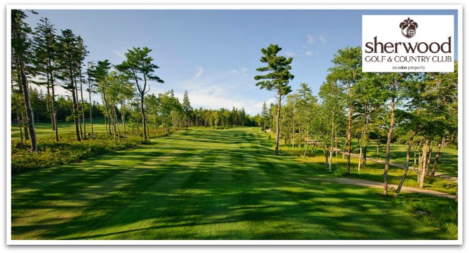 Long stretch of green on a sunny day with a logo in the top right corner reading "Sherwood golf and country club".