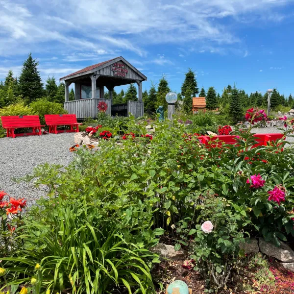 Photo of Ruby's Spot at the top of Ruby's Trail with gardens, lady bugs, and red benches 