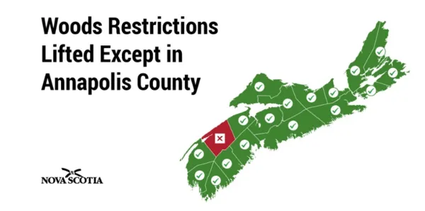 Map of Nova Scotia showing woods restrictions have been lifted in all counties except Annapolis Co.