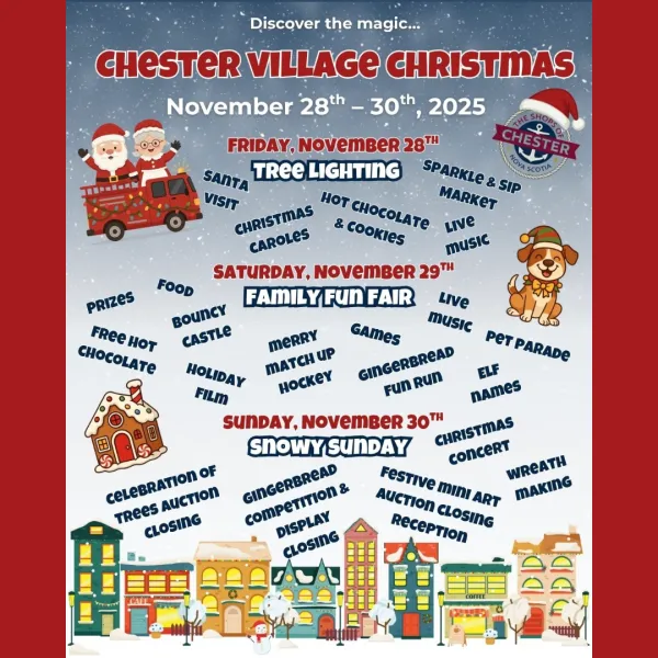 Poster for Chester Village Christmas with Santa, events, and a christmas village