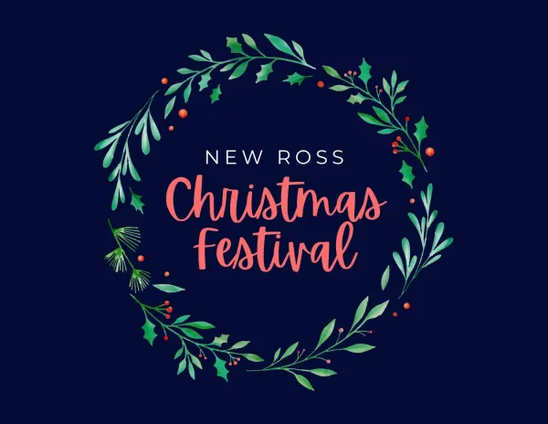 Picture of the words New Ross Christmas Festival inside a wreath with a dark blue background