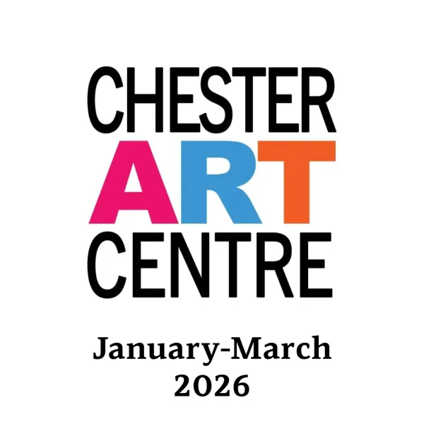 Logo of Chester Art Centre with ART in pink, blue and orange with January-March 2026 underneath