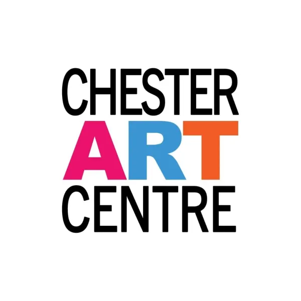 Chester Art Centre Logo. White background. Chester and Centre in black letters. Art in red, blue and orange.