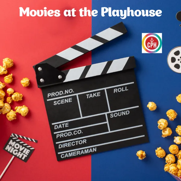 Image with a red and blue background, popcorn, and film with movies at the playhouse in text