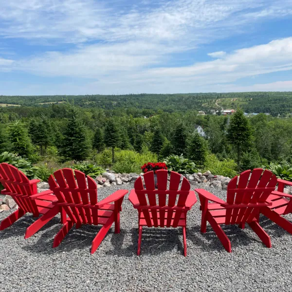 Photo of five red Adirondack chairs in a semi circle at the top of Ruby's Trail in New Ross overlooking trees with a blue sky. 